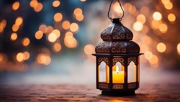 ai generiert Zier Arabisch Laterne mit Verbrennung Kerze glühend beim Nacht. foto