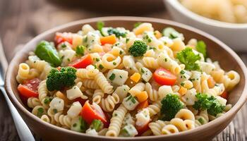 ai generiert Makkaroni Salat mit Ellbogen Pasta und Gemüse im Schüssel foto