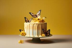 ai generiert Weiß Kuchen mit Gelb Blumen und Schmetterlinge foto