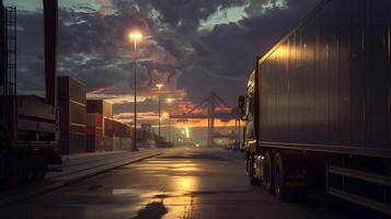 ai generiert LKW Anhänger auf das Seebrücke im das Ladung Hafen Terminal mit Kräne und Behälter. ai generiert foto