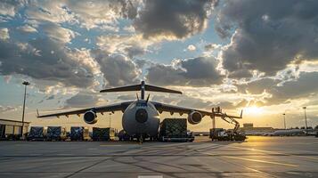 ai generiert ein Ladung Flugzeug beim das Flughafen Docks Ladungen oder entlädt Ladung. ai generiert foto