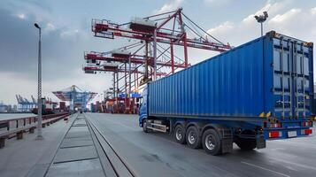 ai generiert LKW Anhänger auf das Seebrücke im das Ladung Hafen Terminal mit Kräne und Behälter. ai generiert foto