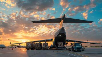 ai generiert ein Ladung Flugzeug beim das Flughafen Docks Ladungen oder entlädt Ladung. ai generiert foto