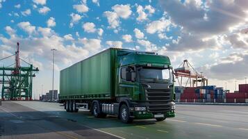 ai generiert LKW Anhänger auf das Seebrücke im das Ladung Hafen Terminal mit Kräne und Behälter. ai generiert foto