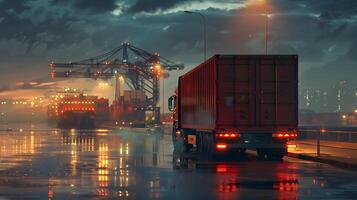 ai generiert LKW Anhänger auf das Seebrücke im das Ladung Hafen Terminal mit Kräne und Behälter. ai generiert foto