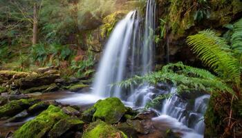 ai generiert lange Exposition von schön Wasserfall im Wald foto