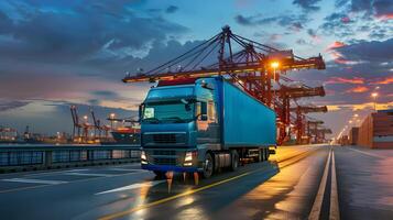 ai generiert LKW Anhänger auf das Seebrücke im das Ladung Hafen Terminal mit Kräne und Behälter. ai generiert foto