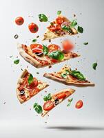 ai generiert ein köstlich Pizza mit verschiedene Belag eine solche wie Speck, Tomaten, und Basilikum Blätter, fallen von das Himmel. foto