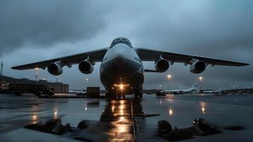 ai generiert ein Ladung Flugzeug beim das Flughafen Docks Ladungen oder entlädt Ladung. ai generiert foto