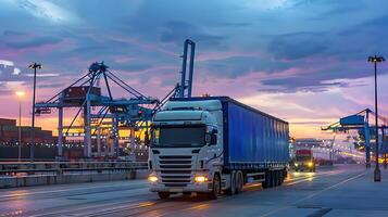 ai generiert LKW Anhänger auf das Seebrücke im das Ladung Hafen Terminal mit Kräne und Behälter. ai generiert foto