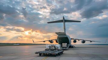 ai generiert ein Ladung Flugzeug beim das Flughafen Docks Ladungen oder entlädt Ladung. ai generiert foto