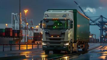 ai generiert LKW Anhänger auf das Seebrücke im das Ladung Hafen Terminal mit Kräne und Behälter. ai generiert foto