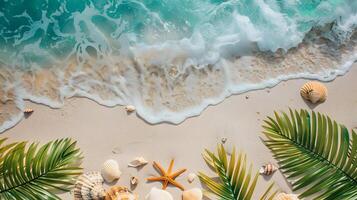 ai generiert azurblau Küste von das Ozean mit Palme Bäume, Sand, Surfen und Muscheln. ai generiert foto