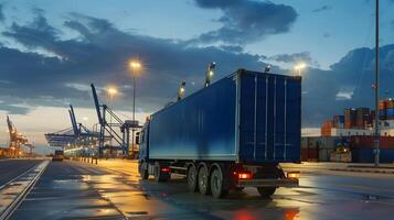 ai generiert LKW Anhänger auf das Seebrücke im das Ladung Hafen Terminal mit Kräne und Behälter. ai generiert foto