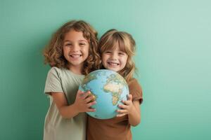 ai generiert Kinder Umarmen Globus. schützen Planet zusammen, Umwelt Pflege. Welt Erde Tag Konzept foto