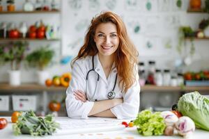 ai generiert glücklich Frau Arzt mit Früchte und Gemüse auf Schreibtisch. richtig Ernährung und gesund Essen Konzept foto