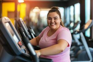 ai generiert Fett Frau Laufen auf das Laufband beim das Fitnessstudio. Übung, gesund Lebensstil und Gewicht Verlust Konzept foto