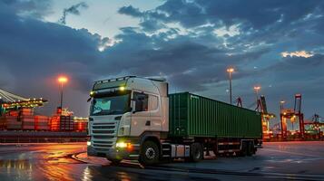 ai generiert LKW Anhänger auf das Seebrücke im das Ladung Hafen Terminal mit Kräne und Behälter. ai generiert foto