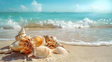 ai generiert azurblau Küste von das Ozean mit Palme Bäume, Sand, Surfen und Muscheln. ai generiert foto