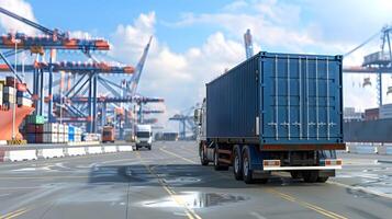 ai generiert LKW Anhänger auf das Seebrücke im das Ladung Hafen Terminal mit Kräne und Behälter. ai generiert foto