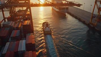 ai generiert ein Schiff zum Transportieren Ladung Behälter und ebenfalls Entladung es beim das Docks von ein Ladung Hafen. ai generiert foto