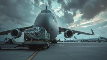 ai generiert ein Ladung Flugzeug beim das Flughafen Docks Ladungen oder entlädt Ladung. ai generiert foto