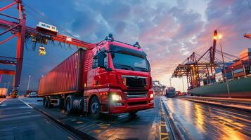 ai generiert LKW Anhänger auf das Seebrücke im das Ladung Hafen Terminal mit Kräne und Behälter. ai generiert foto