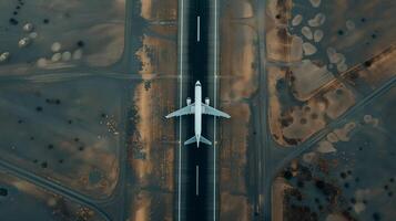 ai generiert ein kommerziell Verkehrsflugzeug steigt auf von das Runway, hochfliegend in das dunstig Dämmerung Himmel, es ist Reise gerade Anfang wie das Stadtbild erstreckt sich aus unter. foto