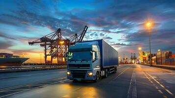 ai generiert LKW Anhänger auf das Seebrücke im das Ladung Hafen Terminal mit Kräne und Behälter. ai generiert foto