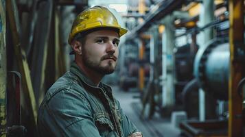 ai generiert Porträt von ein Arbeiten Mann im ein Uniform und ein schwer Hut. ai generiert foto