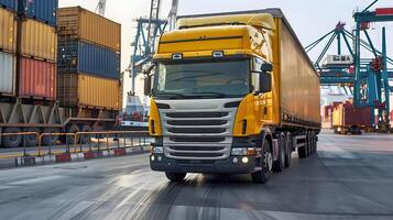 ai generiert LKW Anhänger auf das Seebrücke im das Ladung Hafen Terminal mit Kräne und Behälter. ai generiert foto