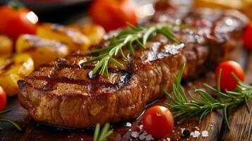 ai generiert frisch saftig köstlich Rindfleisch Steak auf ein dunkel Hintergrund. ai generiert foto