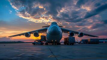 ai generiert ein Ladung Flugzeug beim das Flughafen Docks Ladungen oder entlädt Ladung. ai generiert foto