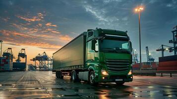 ai generiert LKW Anhänger auf das Seebrücke im das Ladung Hafen Terminal mit Kräne und Behälter. ai generiert foto