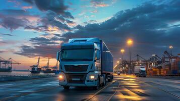 ai generiert LKW Anhänger auf das Seebrücke im das Ladung Hafen Terminal mit Kräne und Behälter. ai generiert foto