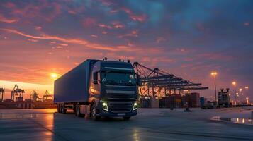 ai generiert LKW Anhänger auf das Seebrücke im das Ladung Hafen Terminal mit Kräne und Behälter. ai generiert foto