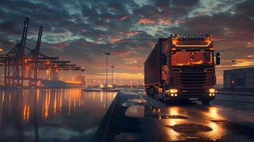 ai generiert LKW Anhänger auf das Seebrücke im das Ladung Hafen Terminal mit Kräne und Behälter. ai generiert foto