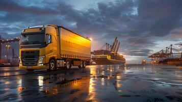 ai generiert LKW Anhänger auf das Seebrücke im das Ladung Hafen Terminal mit Kräne und Behälter. ai generiert foto