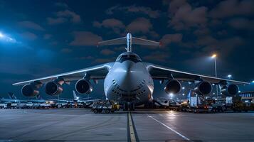 ai generiert ein Ladung Flugzeug beim das Flughafen Docks Ladungen oder entlädt Ladung. ai generiert foto