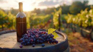 ai generiert Flasche von rot Wein mit reif Trauben auf hölzern Tabelle im Weinberg. generativ ai foto