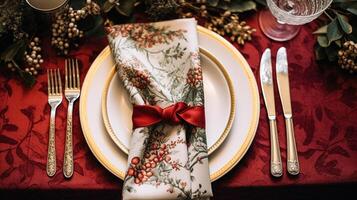 ai generiert Urlaub Tabelle Dekor, Weihnachten Ferien Feier, Tischlandschaft und Abendessen Tabelle Einstellung, Englisch Land Dekoration und Zuhause Styling foto