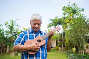 Porträt von ein Senior Mann spielen das Ukulele während Stehen im ein Garten. Raum zum Text. Konzept von alt Menschen und Entspannung foto