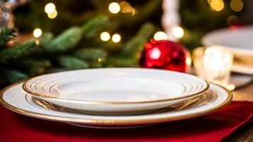 ai generiert Geschirr und Geschirr einstellen zum Winter Urlaub Familie Abendessen, Weihnachten Haushaltswaren Dekor zum Ferien im das Englisch Land Haus, Geschenk einstellen und Zuhause Styling foto
