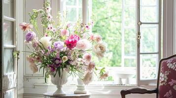 ai generiert Frühling Blumen im Jahrgang Vase, schön Blumen- Anordnung, Zuhause Dekor, Hochzeit und Florist Design foto