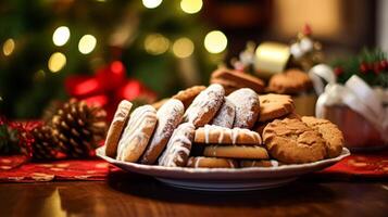 ai generiert Weihnachten Kekse, Urlaub Keks Rezept und Zuhause Backen, Süss Dessert zum gemütlich Winter Englisch Land Tee im das Hütte, hausgemacht Essen und Kochen foto