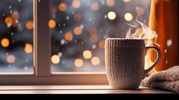 ai generiert Winter Feiertage, Abend Ruhe und gemütlich heim, Tasse von Tee oder Kaffee Becher und gestrickt Decke in der Nähe von Fenster im das Englisch Landschaft Hütte, Urlaub Atmosphäre foto