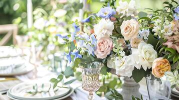 ai generiert Hochzeit Dekoration im das Hütte, Blumen- Land Hochzeit Dekor, Kuchen und Veranstaltung Feier, Englisch Landschaft Stil foto