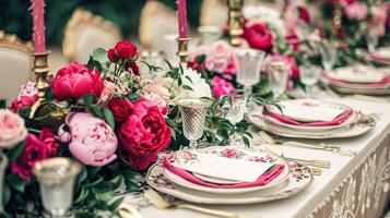 ai generiert Hochzeit Dekoration mit Pfingstrosen, Blumen- Dekor und Veranstaltung Feier, Pfingstrose Blumen und Hochzeit Zeremonie im das Garten, Englisch Land Stil foto