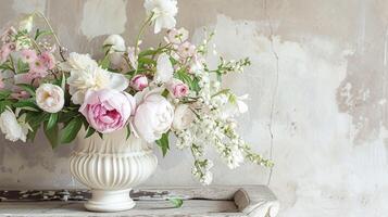 ai generiert Frühling Blumen im Jahrgang Vase, schön Blumen- Anordnung, Zuhause Dekor, Hochzeit und Florist Design foto