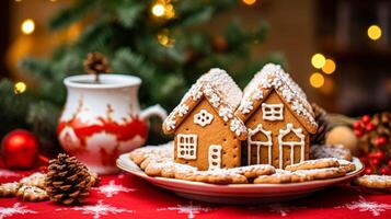 ai generiert Weihnachten Lebkuchen Haus, Urlaub Rezept und Zuhause Backen, Süss Dessert zum gemütlich Winter Englisch Land Tee im das Hütte, hausgemacht Essen und Kochen foto